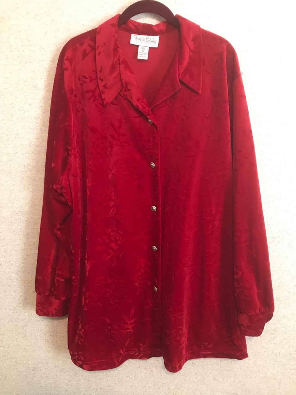 Diane Von Furstenberg Red Velour Button-Front Top Size 2X